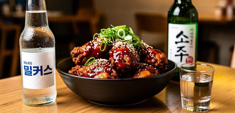 Poulet frit coréen croustillant et boissons Oppa Bistro